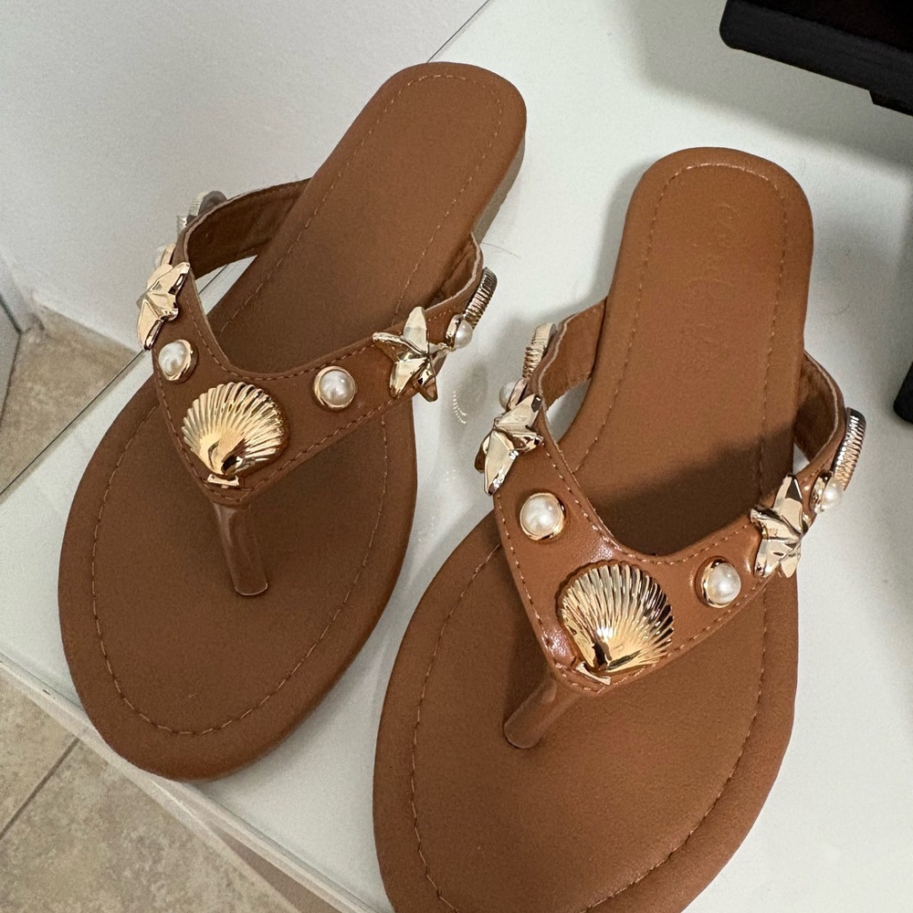 Charlotte Russe Tan Sandals with Gold Accents